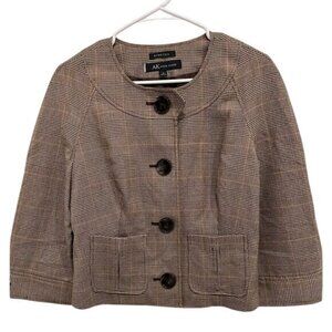 Anne Klein Brown Plaid Cropped Button Jacket With Pockets & 3/4 Sleeves Womens S